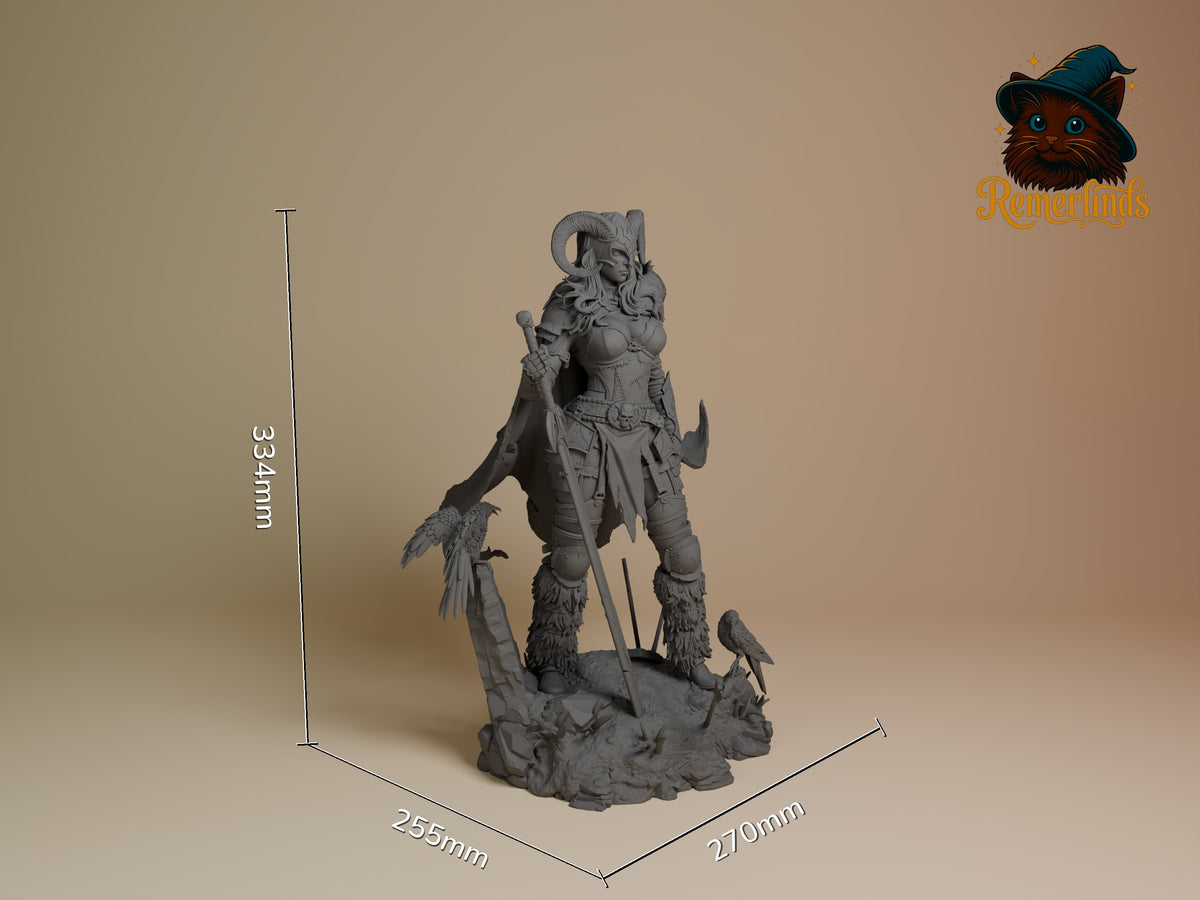 Unpainted gray resin figure of Warrior of the North shown from front angle with scale measurements, standing on rocky base with sword and birds.