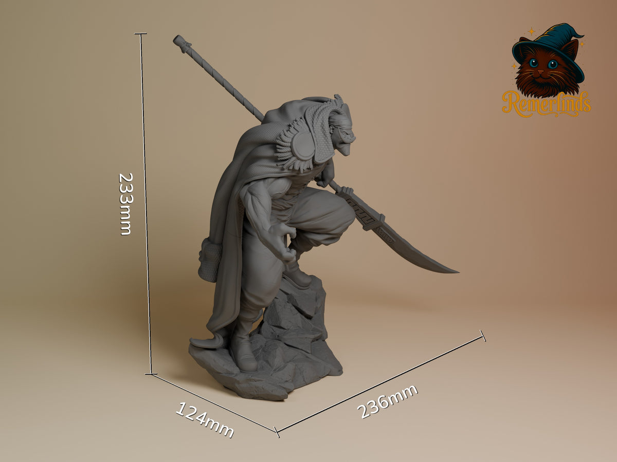 Whitebeard resin figure shown at 238×124×233mm scale, unpainted gray pose with spear and sword, side angle view on base.