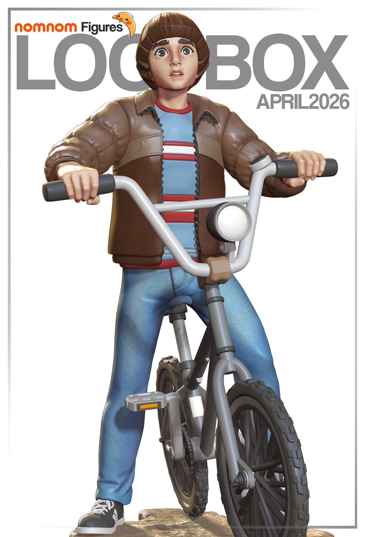 Will from Stranger Things resin figure on bike, brown jacket and blue shirt, holding handlebars, detailed painted features, rocky base included.