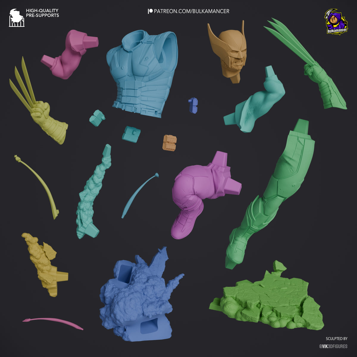 Feral Claw from Heroic Multiverse shows unpainted resin figure parts: armor, limbs, claws, and sculpted bases.