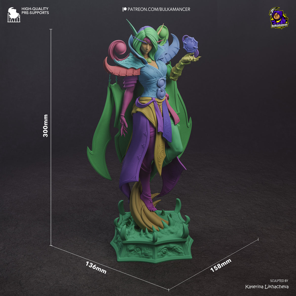 Xal'atath resin figure shown at 300mm height with painted details, posed standing on decorative green base with dimensional scale reference.