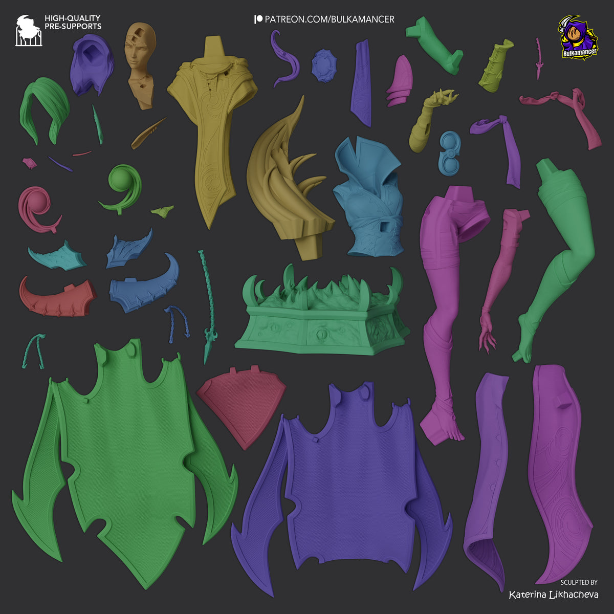 Xal'atath 3D resin figure parts layout: painted armor pieces in green, purple, and pink, unpainted tan accessories, and sculpted details by Katerina Likhacheva.