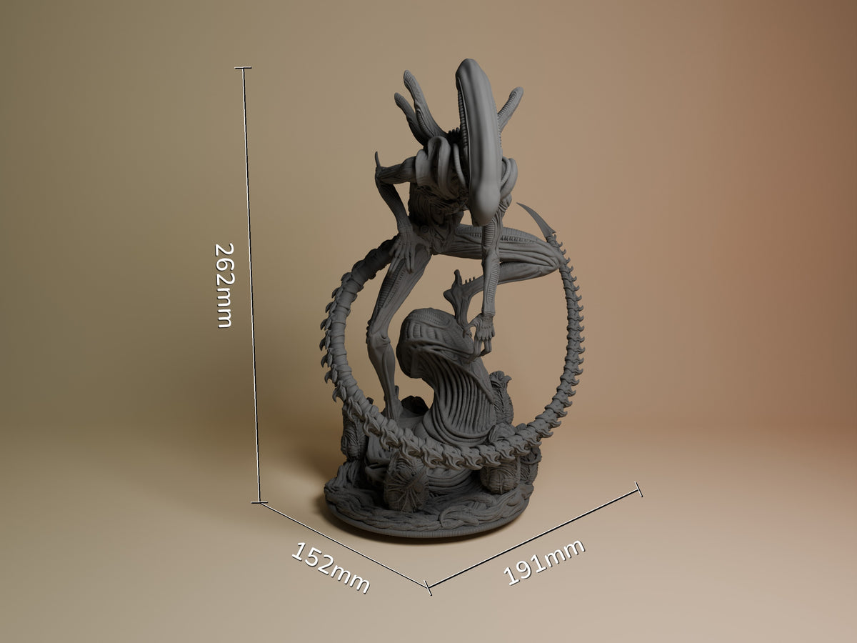 Xenobeast Broodling resin figure shown at scale (262mm tall), unpainted gray, displayed at three-quarter angle with articulated tail and organic base details visible.