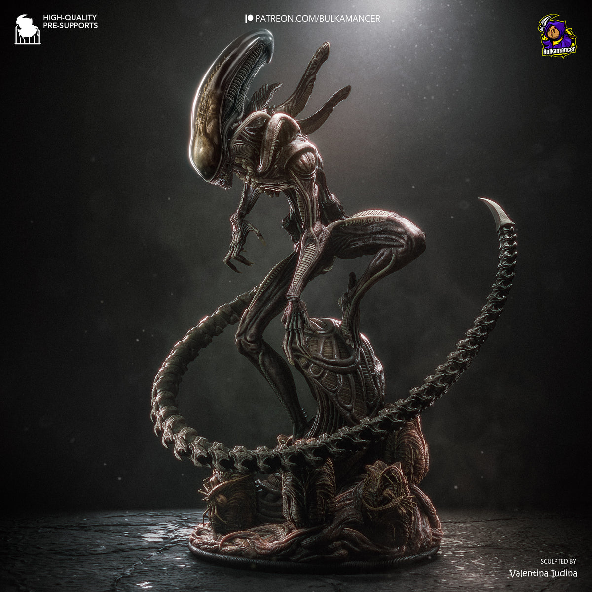 Xenobeast Broodling resin figure in dynamic attack pose with raised head-crest and coiled tail, dark metallic paint finish on textured base.