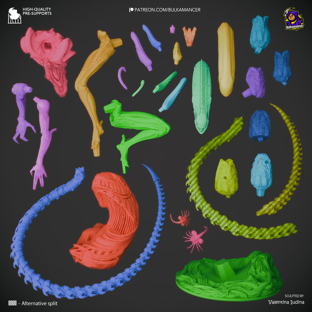 Xenobeast Broodling resin figure parts laid flat, showing colorful painted components including tentacles, limbs, shell segments, and anatomical pieces against dark background.