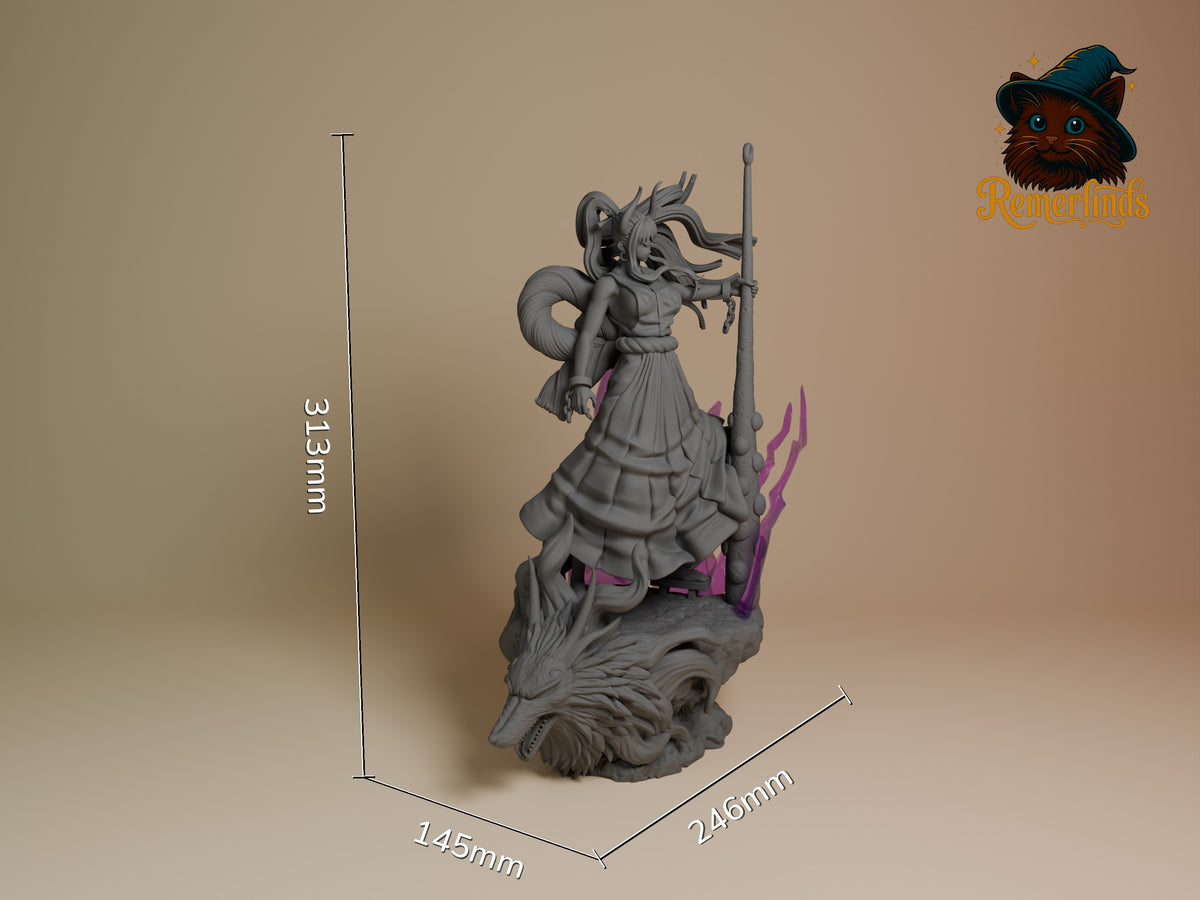 Yamato resin figure shown at scale with dimensions 213mm height, 145mm width, 246mm depth. Unpainted gray resin with purple painted accents, dynamic pose holding staff on beast-form base.