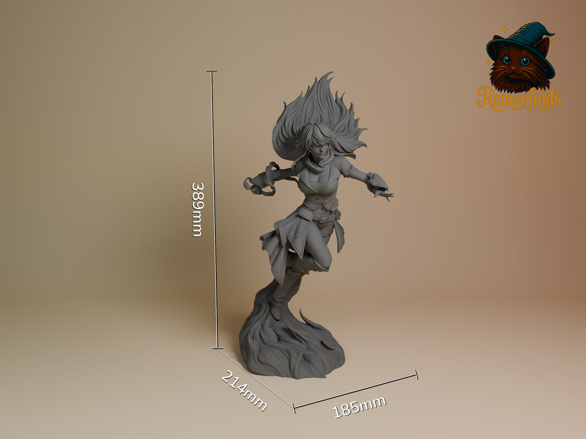 Yang Xiao Long resin figure shown at 389mm height with 214mm x 185mm base dimensions, dynamic pose with flowing hair, unpainted gray finish.