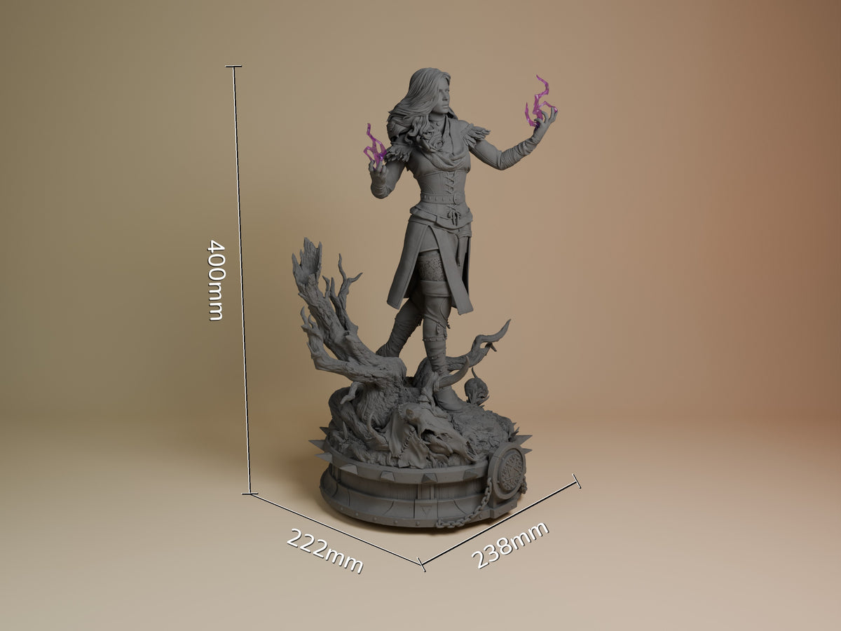 Yennefer resin figure from The Witcher shown at scale with dimensions 400x222x238mm, unpainted gray finish, dynamic pose on detailed base with purple flame accents.