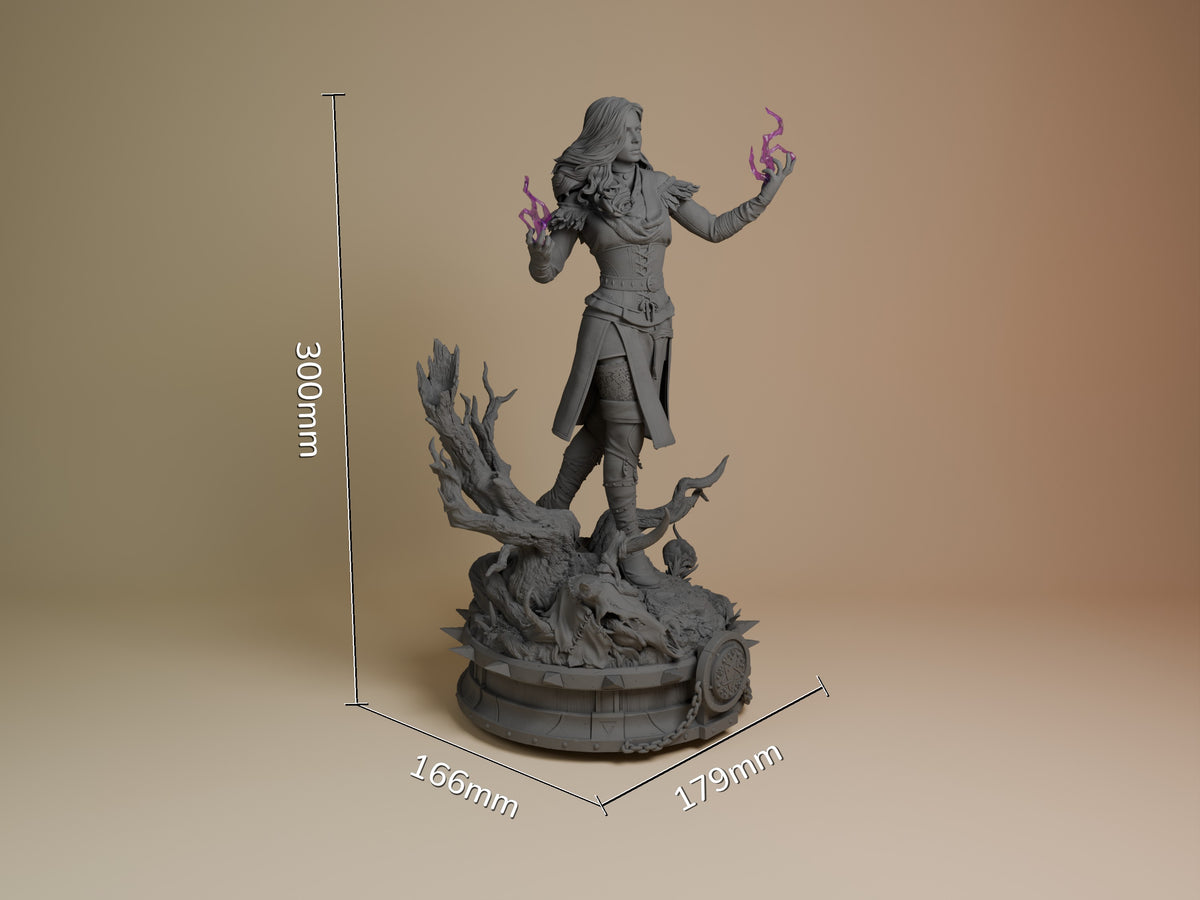 Yennefer resin figure from The Witcher shown at scale with dimensions 300mm height, unpainted gray resin, dynamic pose with magical purple flames on detailed base.