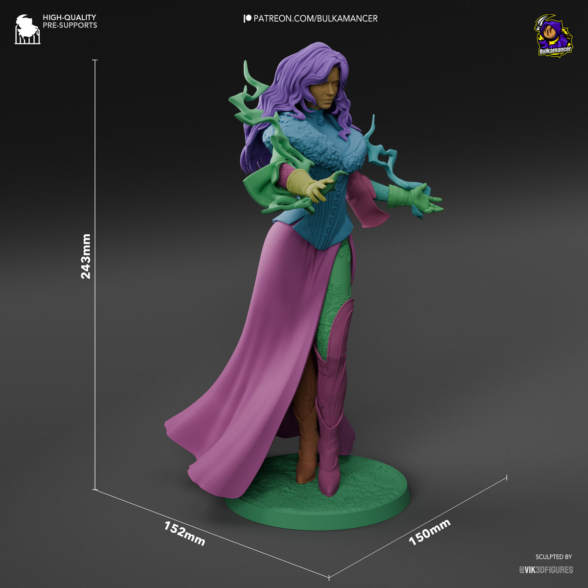 Size comparison image showing height and scale reference for female sorceress figure.