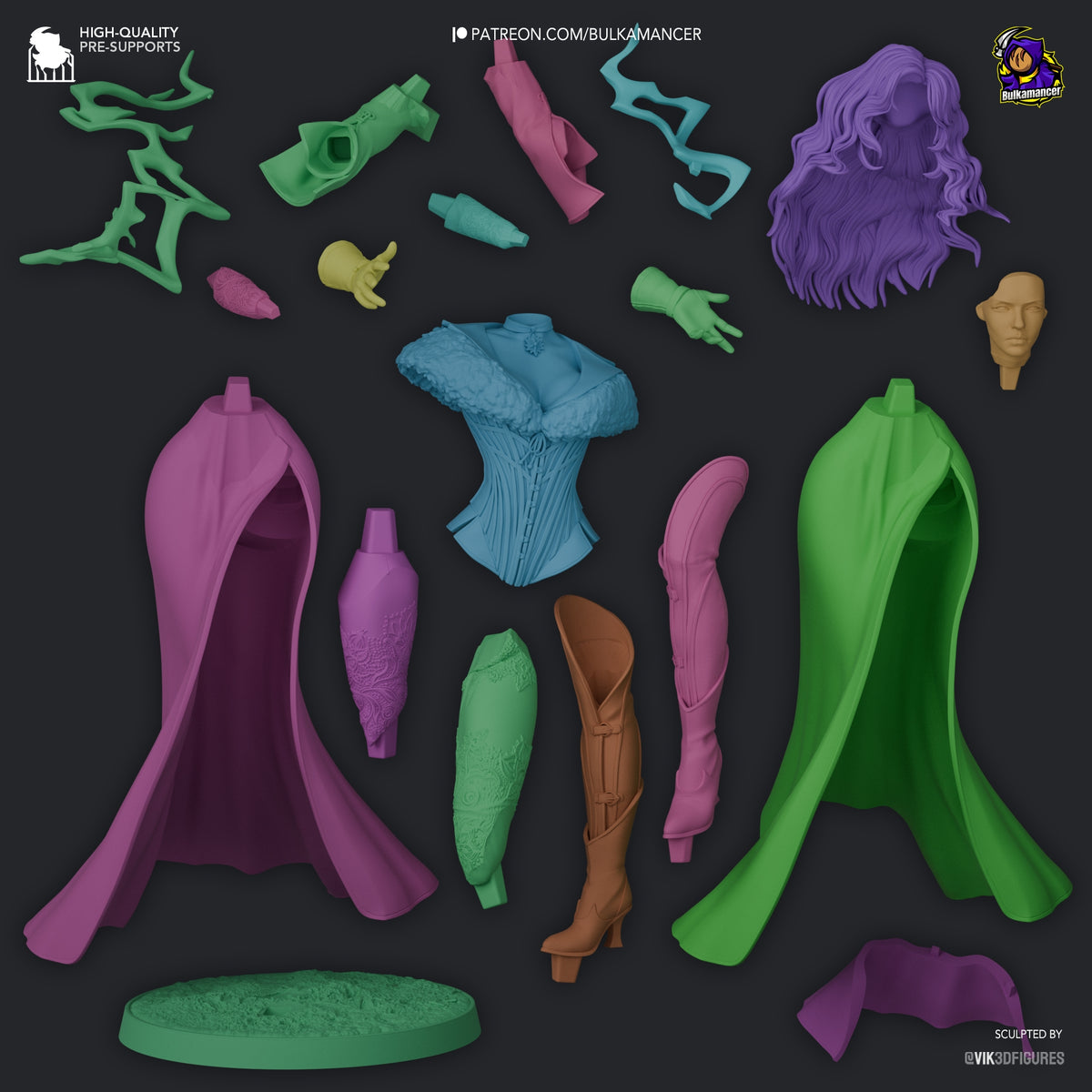 Parts breakdown image showing individual components and assembly layout for female sorceress figure.
