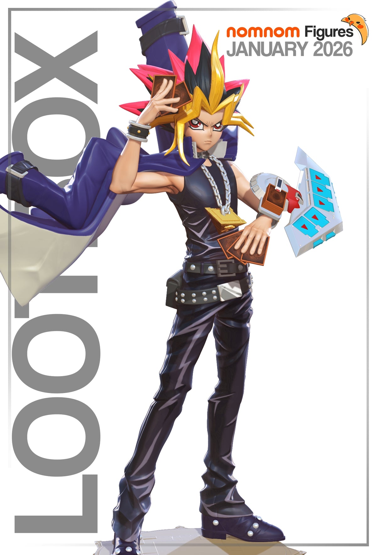 Painted Yugi from Yu-Gi-Oh! poses with cards and a duel disk as a resin figure.