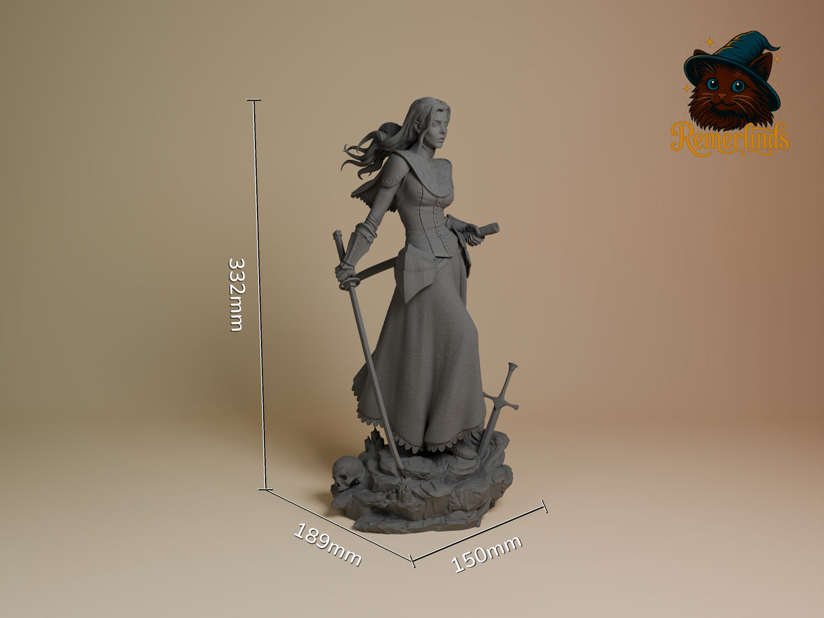 Yuria of Londor resin figure shown at scale with dimensions 332mm height, 189mm depth, 150mm width. Unpainted gray resin depicting the character in profile holding a curved sword, flowing robes, detailed base with skull.