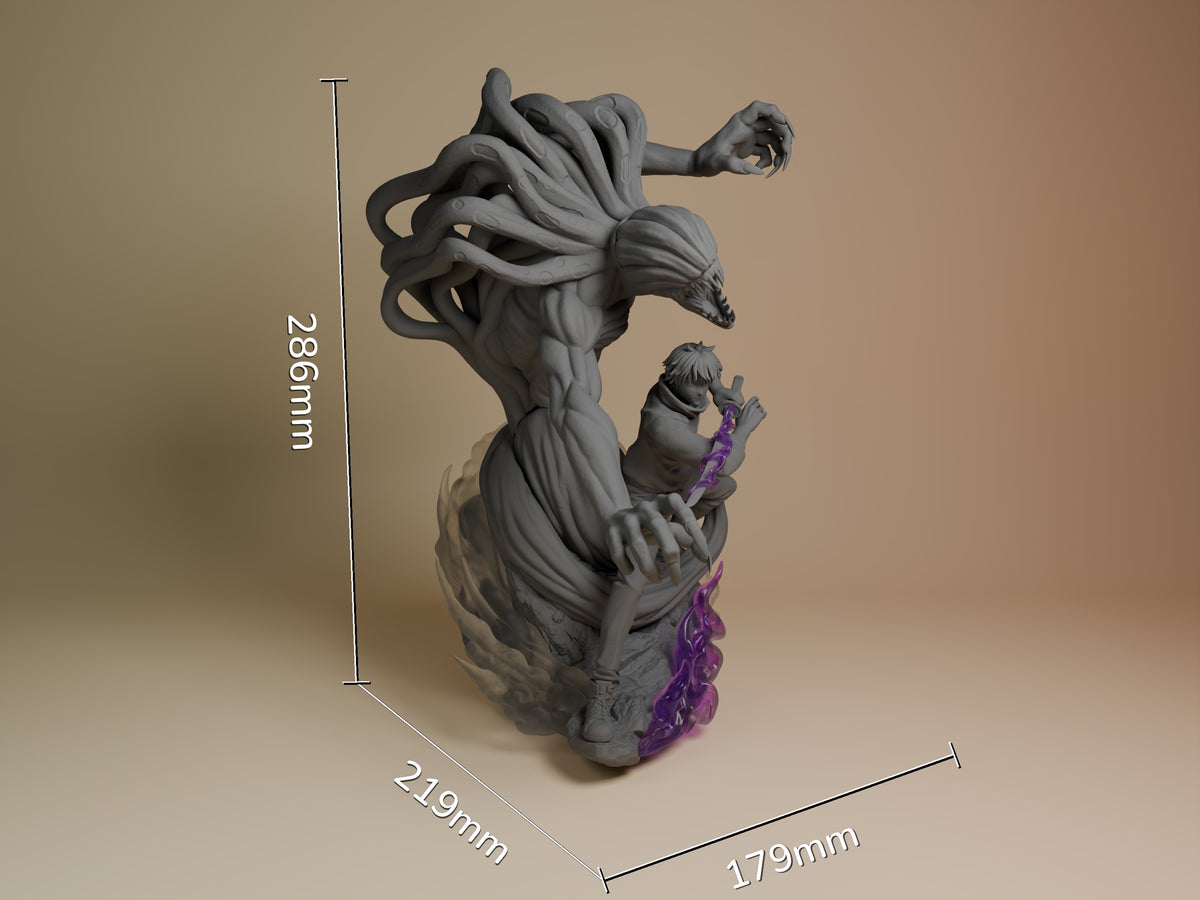 Yuta and Rika resin figure from Jujutsu Kaisen shown at scale with dimensions 286mm height, 219mm depth, 179mm width. Gray unpainted figures with purple painted accents on base.