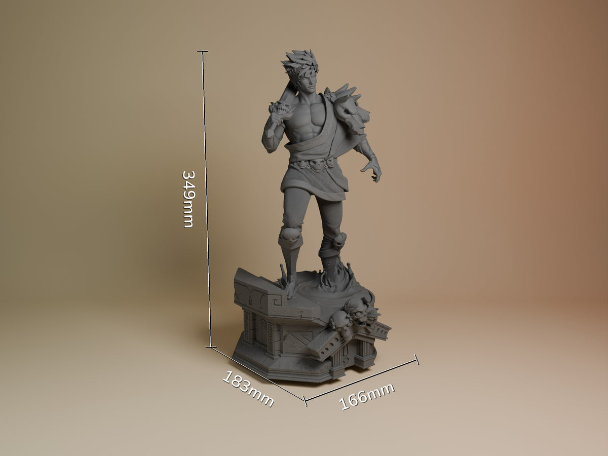 Zagreus resin figure shown at scale with dimensions 249mm height, 183mm depth, 166mm width. Unpainted grey resin statue in dynamic pose on ornate base.