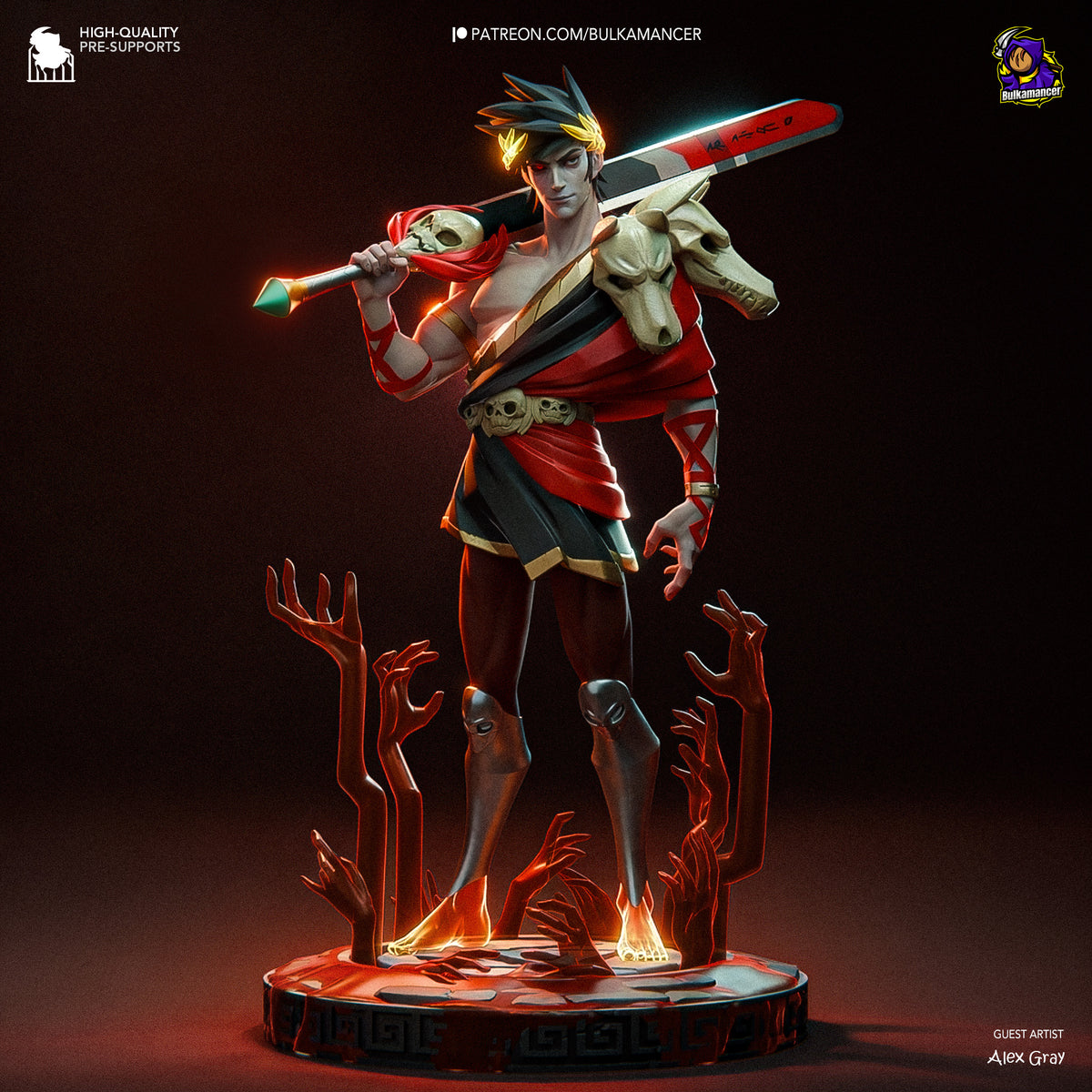 Zagreus resin figure in dynamic pose holding glowing sword and skull-topped weapon, red and gold costume with flame effects on circular base, front-facing beauty shot.