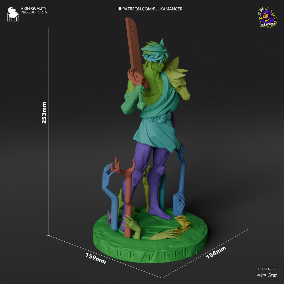Zagreus resin figure from Hades shown at 253mm height with bat wings, holding brown club, standing on green base with scale dimensions displayed.