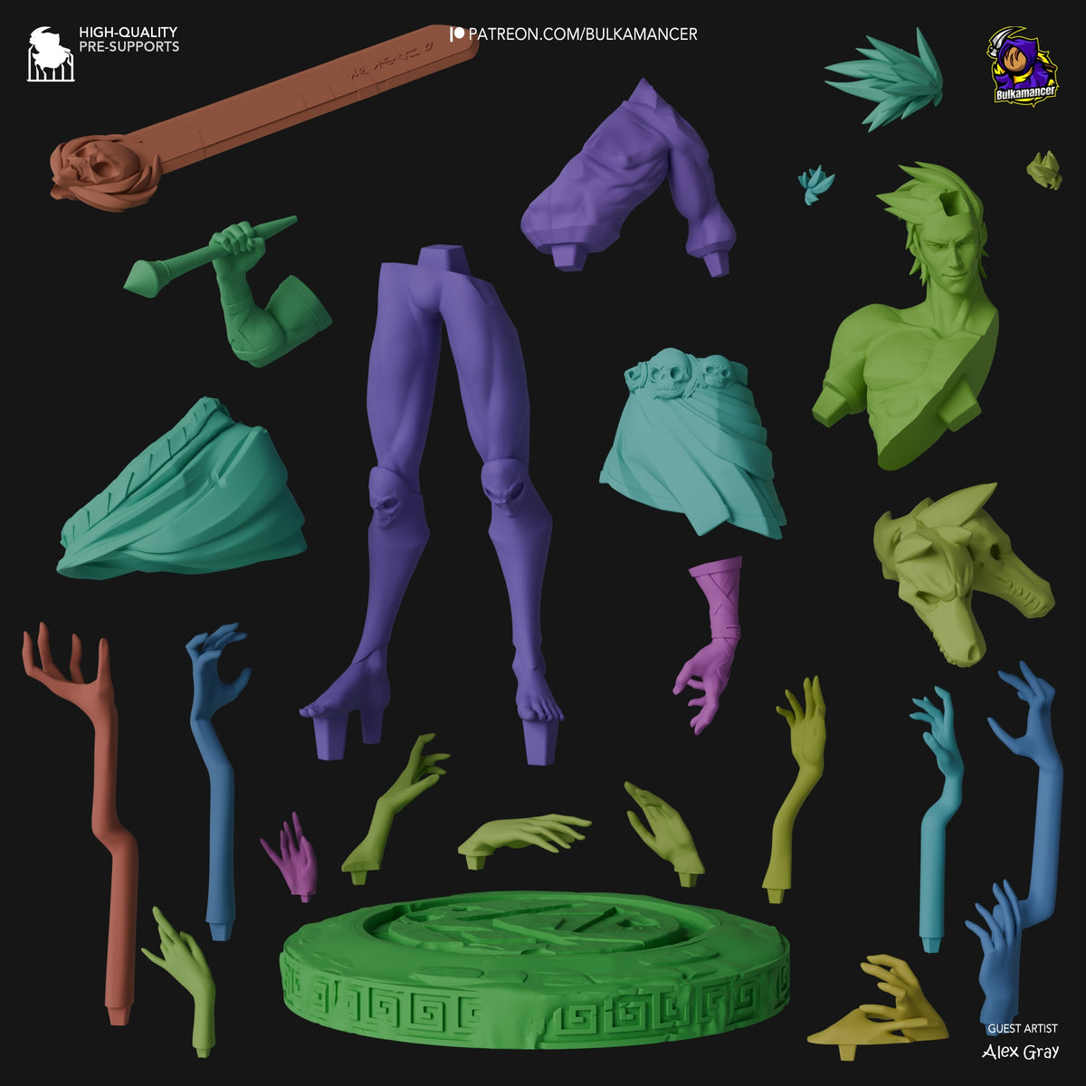 Zagreus resin figure parts laid flat showing purple legs, green torso and arms, yellow head, various hands, weapons, and accessories with green base.