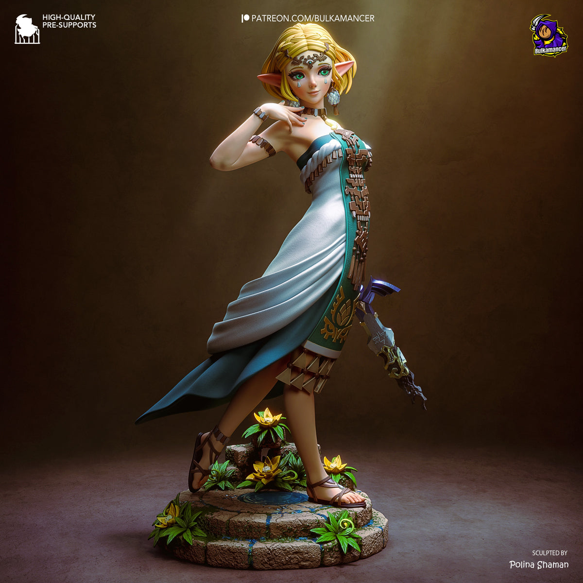 Princess Zalde resin figure in three-quarter view, wearing ornate teal gown with flowing cape, posed on flower-decorated base with detailed paint work throughout.
