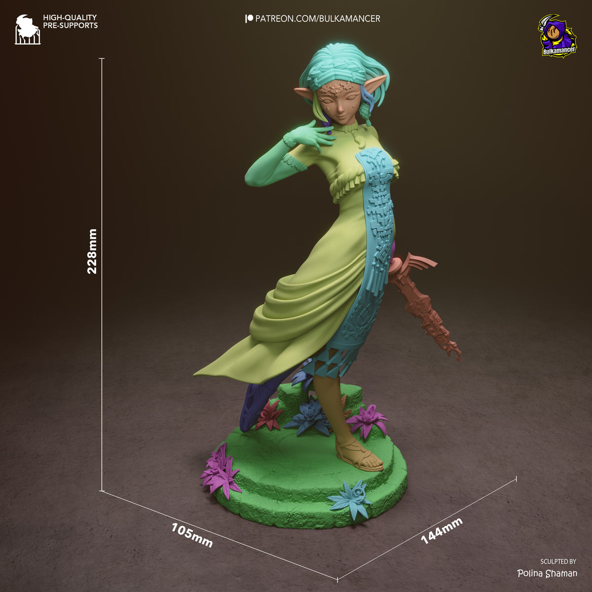 Princess Zalde resin figure shown at 228mm height with green base, yellow gown, blue ornamental details, and brown staff, photographed from three-quarter angle.