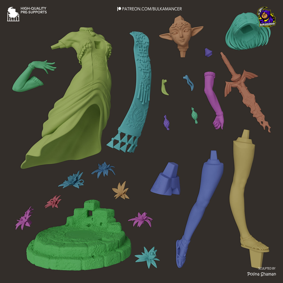 Disassembled resin figure parts for Princess Zalde from Crying Dynasty, including torso, limbs, head, hair piece, and painted base with decorative accessories.