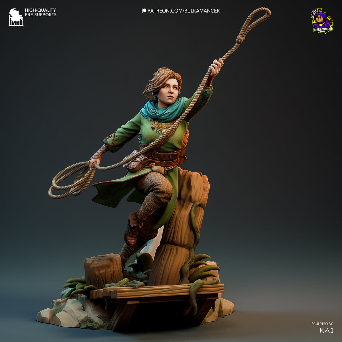 Zoe from Split Fiction resin figure mid-action pose with rope weapon, green tunic and brown wraps on wooden base, professionally painted and sculpted.
