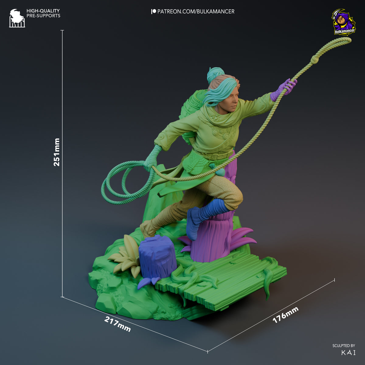 Zoe resin figure from Split Fiction displayed at 251mm height, showing dynamic rope-swinging pose with vibrant green, blue, and purple painted details on natural base.