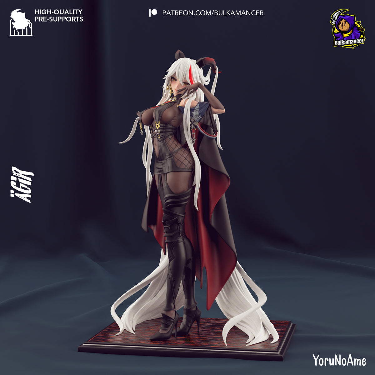 Painted resin figure of Agir from Azur Lane 2 poses front-facing with cape on a sculpted base.