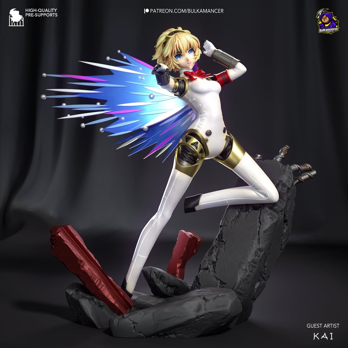 Aigis from Persona resin figure in a dynamic kneeling pose on a sculpted rocky base, painted white and gold.