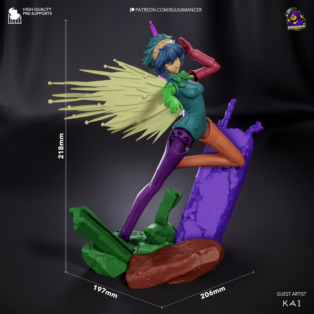 Aigis from Persona is a painted resin figure in a leaping pose with wings and a rocky base.