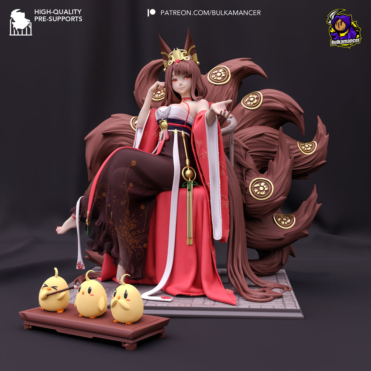 A painted Akagi resin figure from Azur Lane sits with nine tails on a sculpted base.