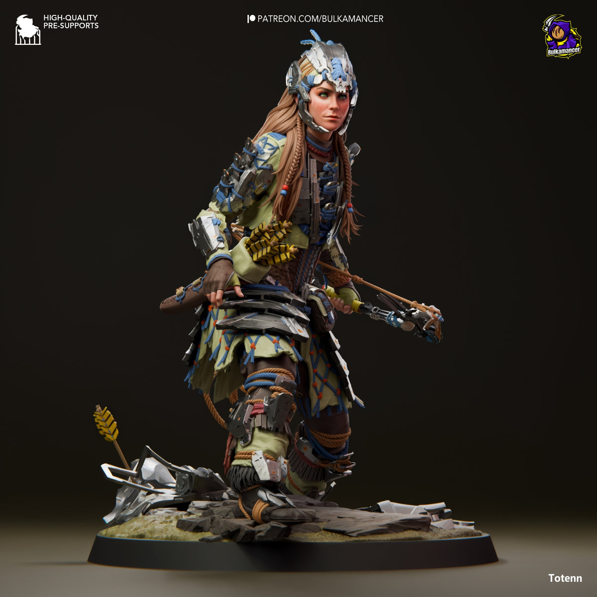 Painted Aloy from Horizon resin figure in three-quarter pose with bow on rubble base.