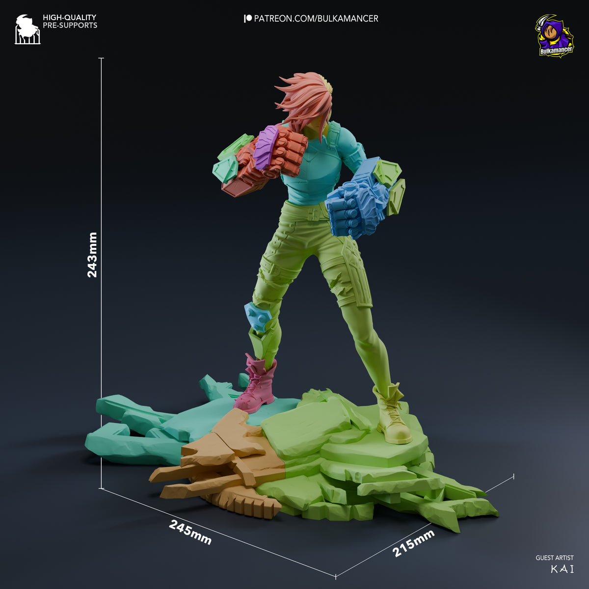 Vi from Arcane resin figure shown at 243×215×243mm scale, painted in vibrant colors, posed dynamically on rocky base with dimension markers.