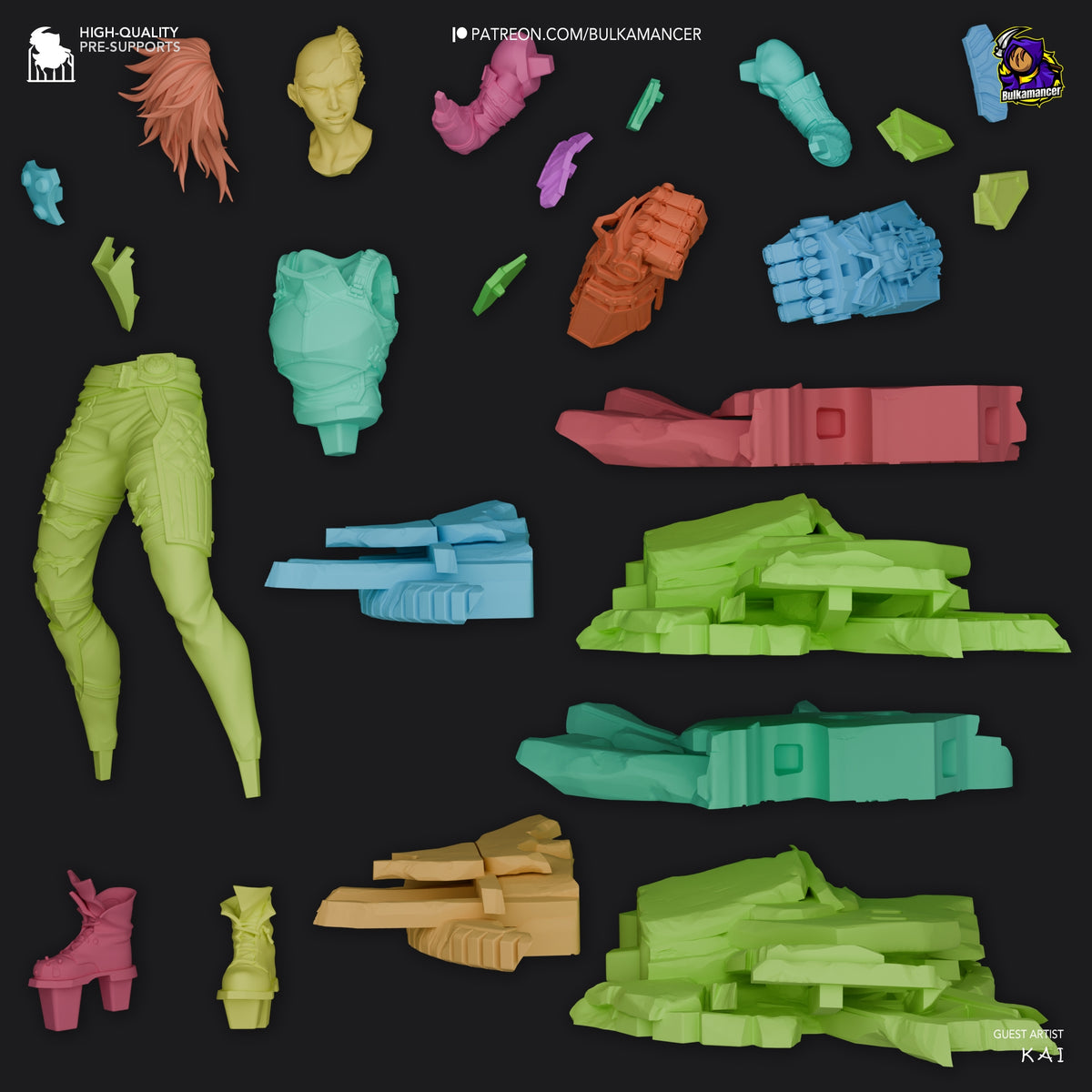 Vi from Arcane 3D printed resin figure parts laid out flat, showing unpainted limbs, torso, head, hair, accessories, and weapons in various colors against black background.
