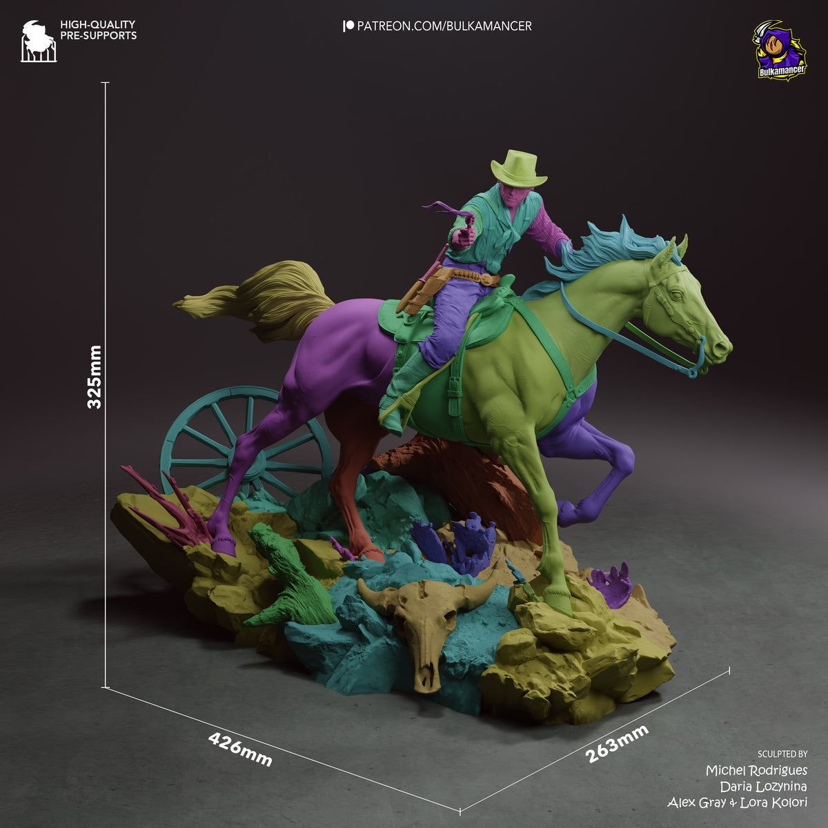 Arthur Morgan from Red Dead Redemption II is a painted resin figure on horseback atop a sculpted base with scale markings.