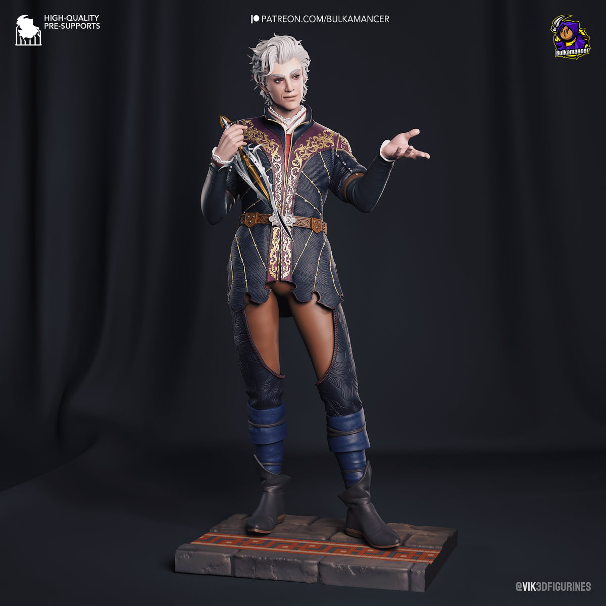 Painted resin figure of Astarion from Baldur's Gate stands posed on a tiled sculpted base.