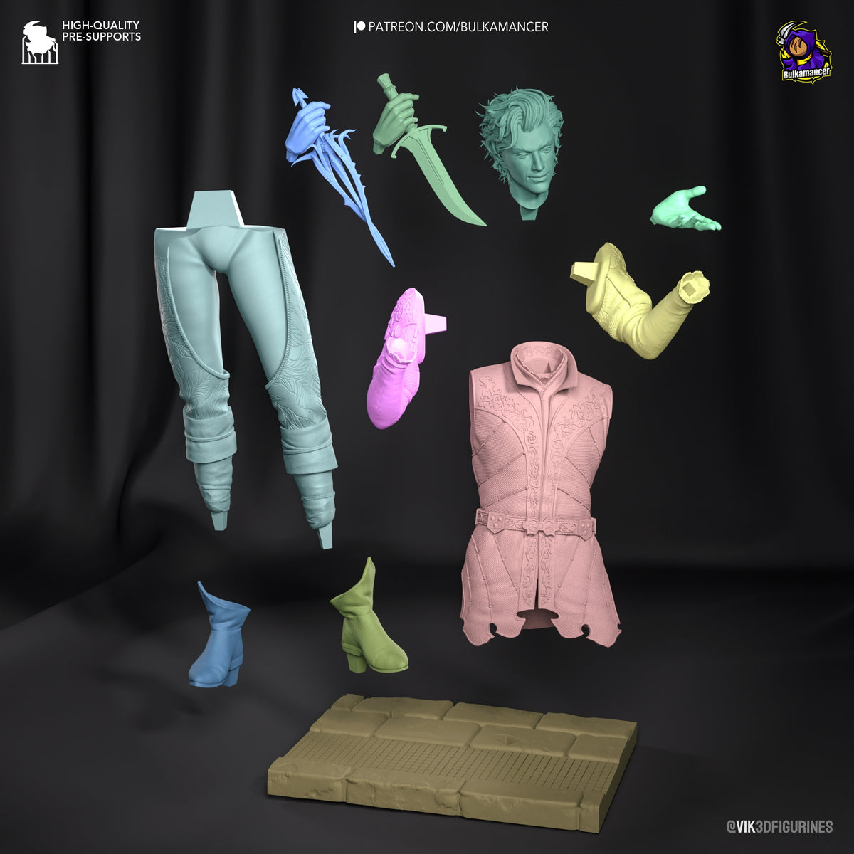Unpainted Astarion Baldur's Gate resin figure parts include a head, limbs, outfit, and base.