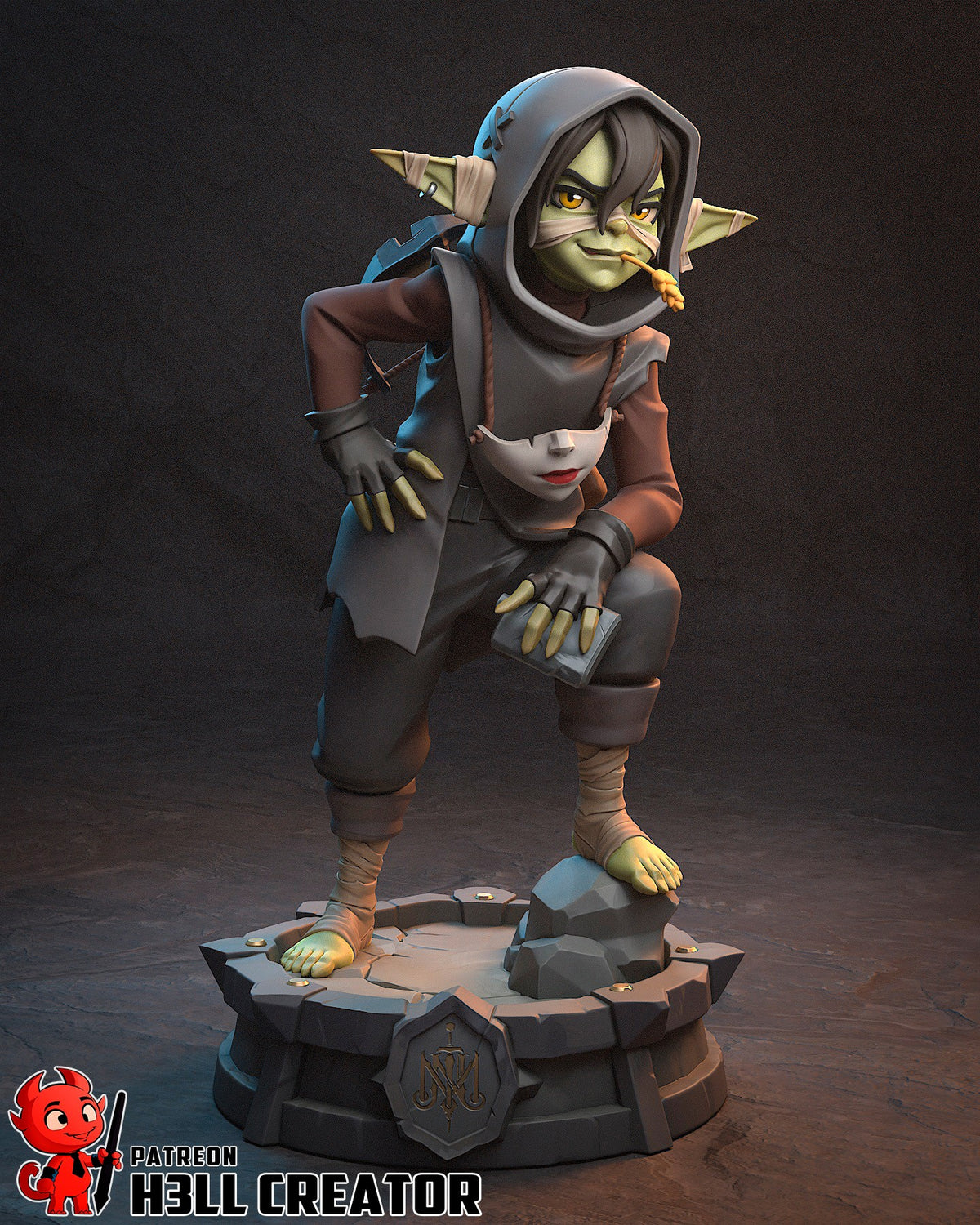 Front three-quarter view shows Nott from The Mighty Nein, a painted resin figure crouched on a rocky base.