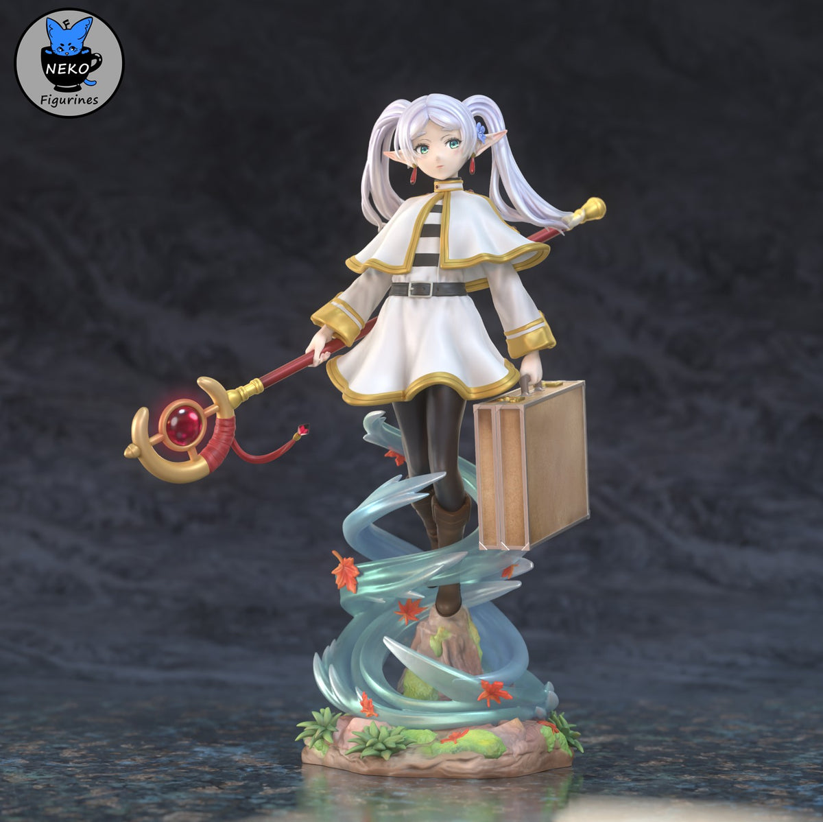 Frieren resin figure from Frieren: Beyond Journey's End stands with staff and case on a sculpted base.