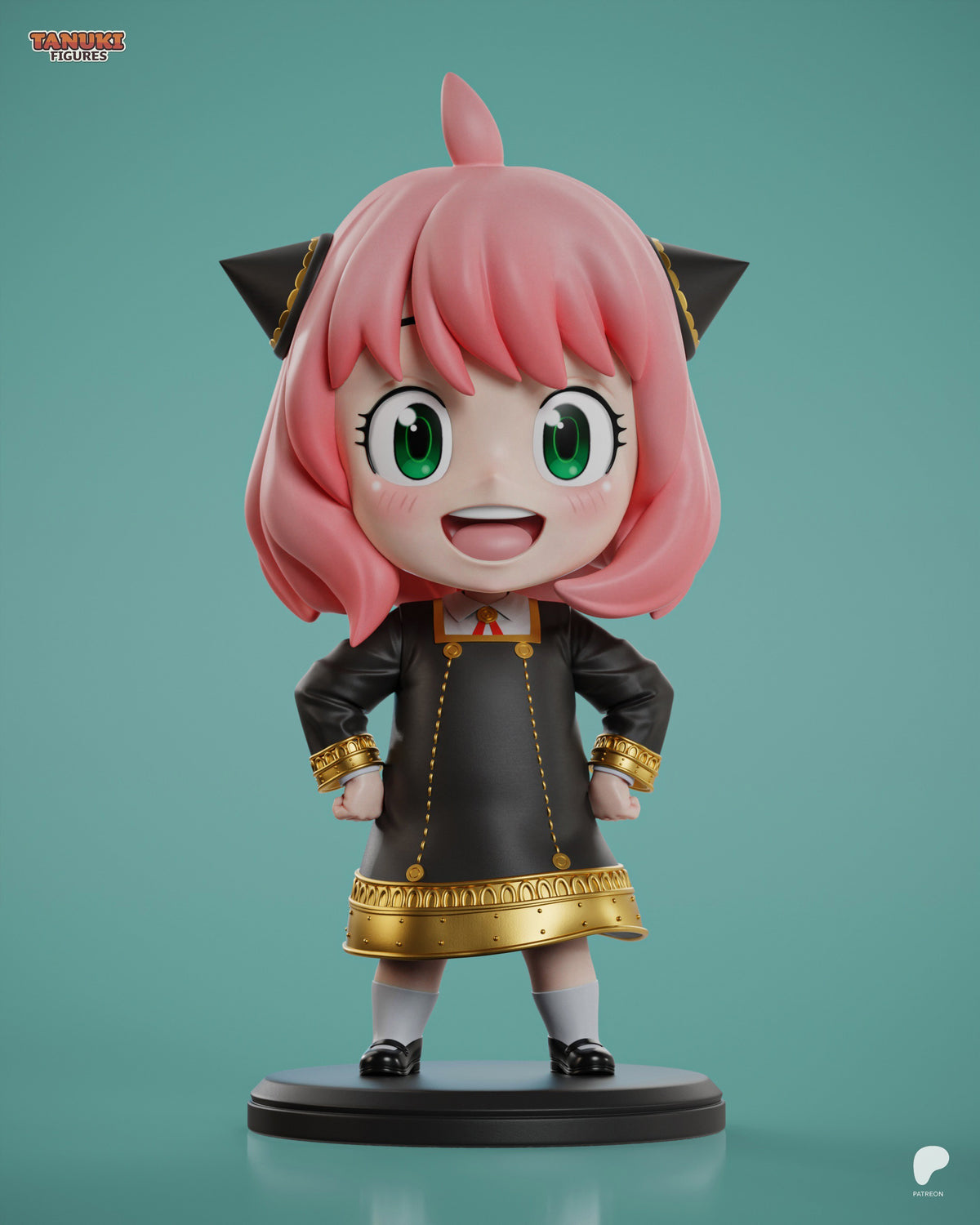 Painted front-facing resin Chibi figure of Anya from Spy x Family stands on a black oval base.