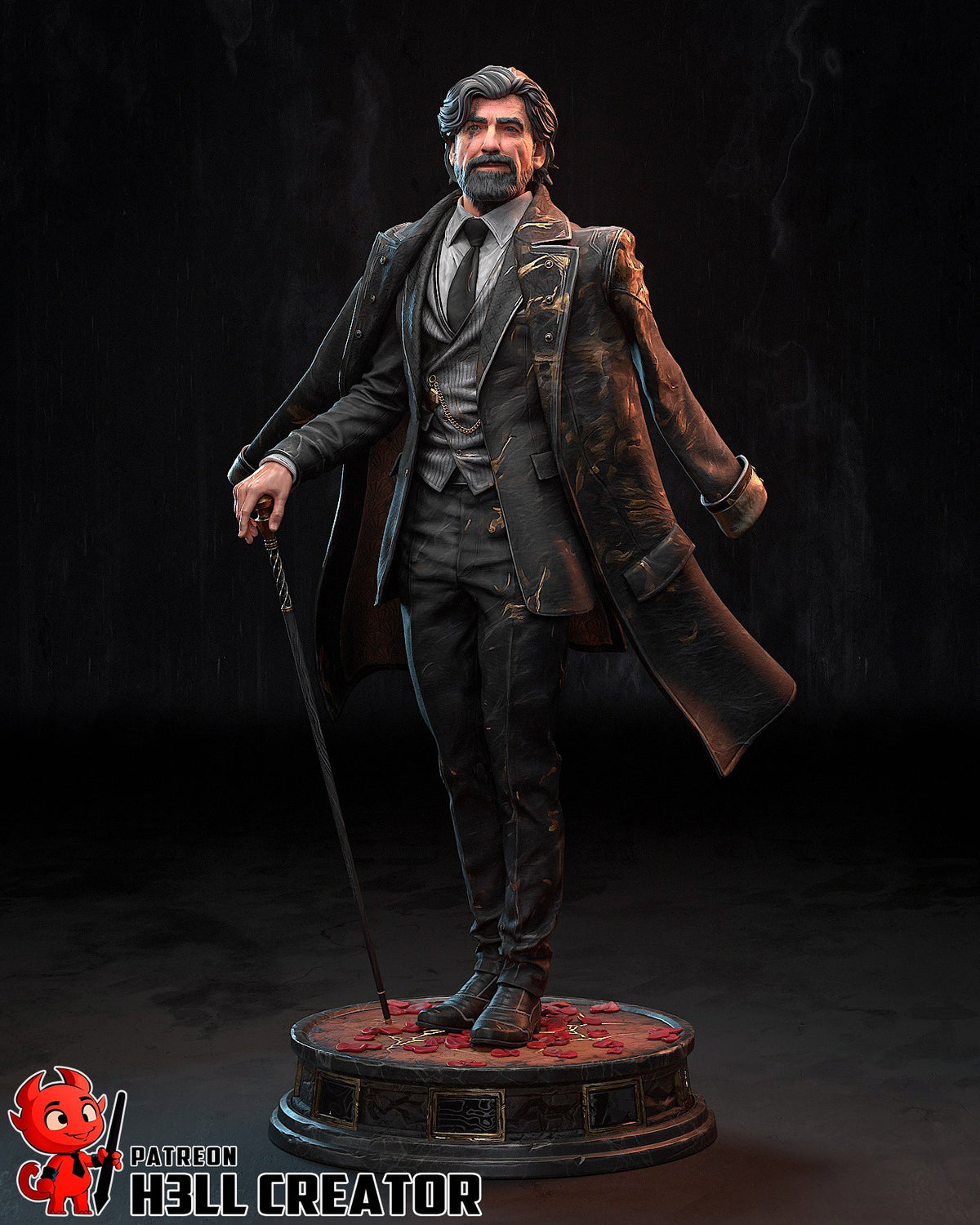 Renoir from Expedition 33 stands front-facing with a cane on a sculpted pedestal, painted resin figure.