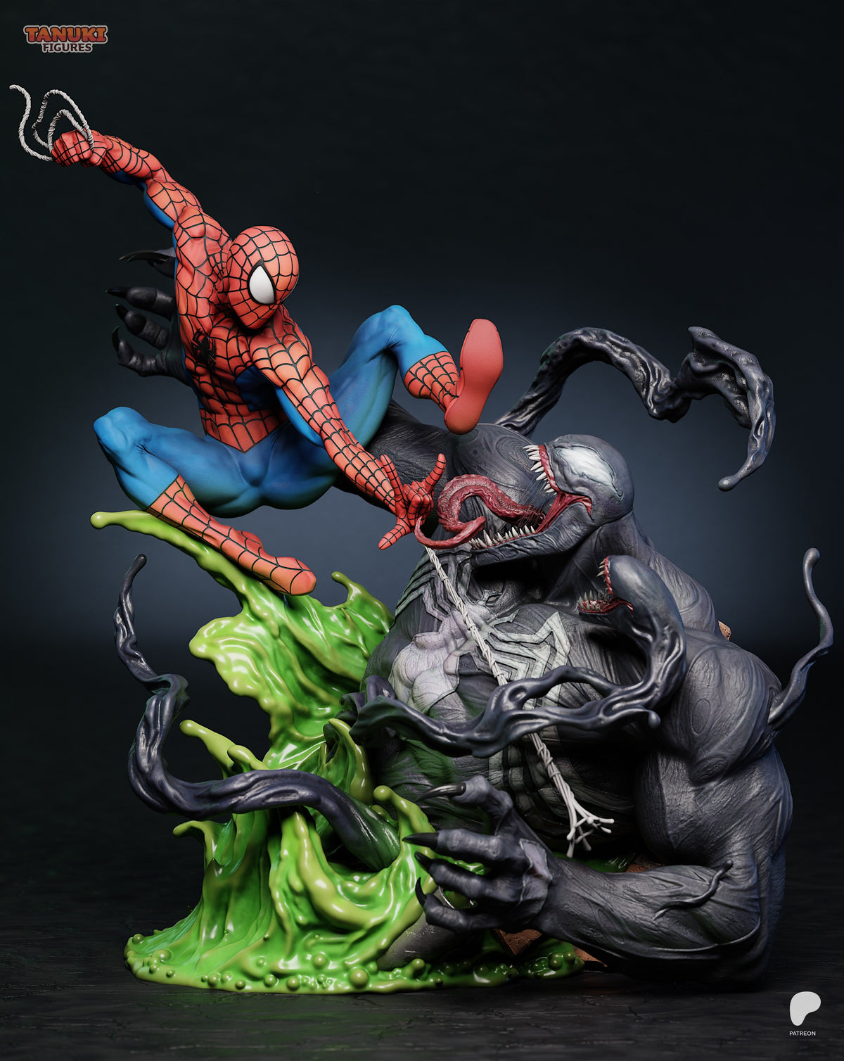 Spider-Man battles Venom atop a green symbiote base in this detailed Tanuki resin figure, captured from a dynamic front angle.