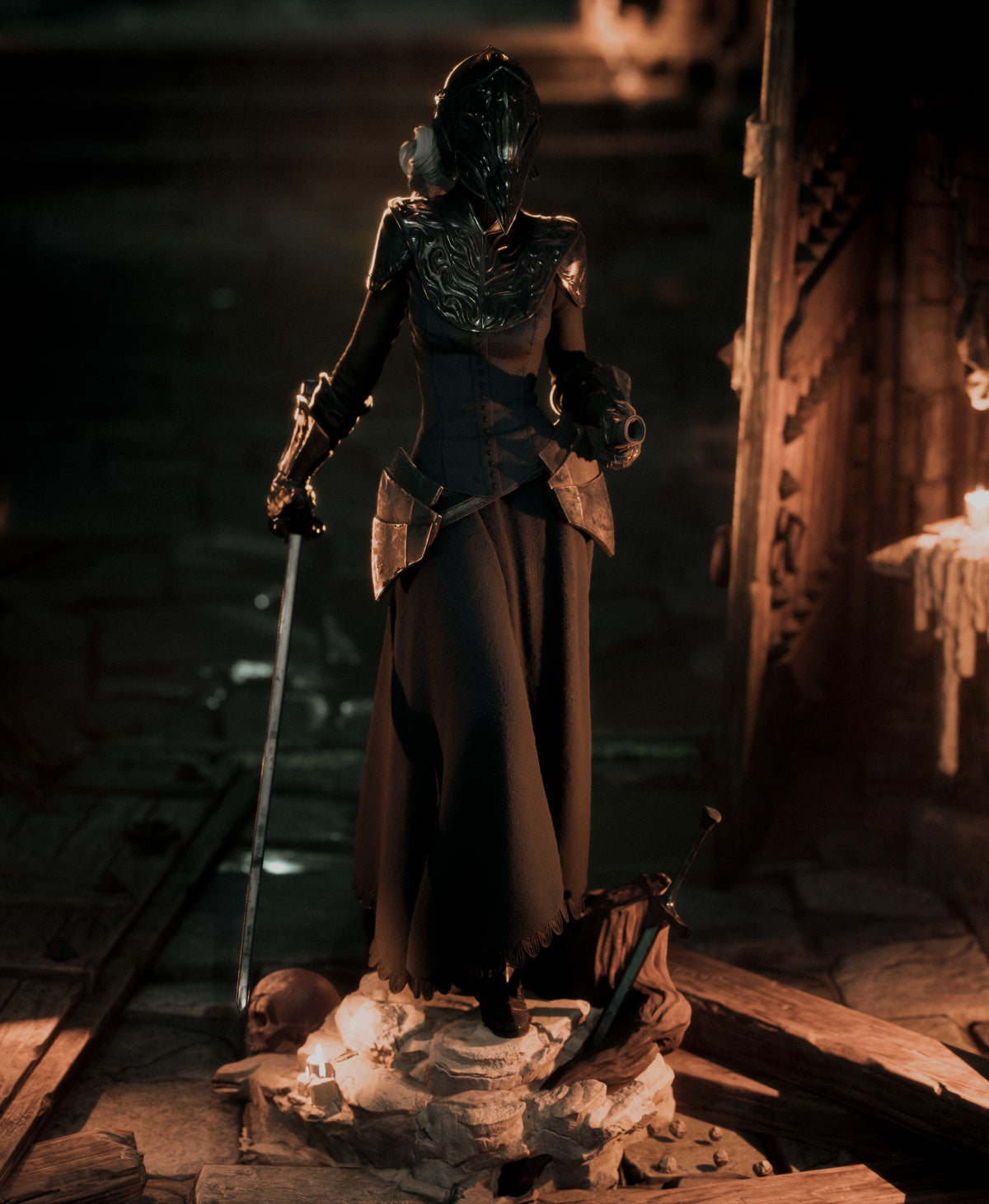 Yuria of Londor resin figure in dark robes and mask, holding a curved blade, posed on rocky base with dramatic lighting.