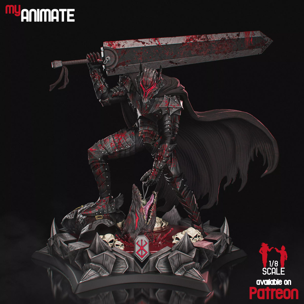 Guts from Berserk stands painted in armor with sword raised on a skull-strewn sculpted base.