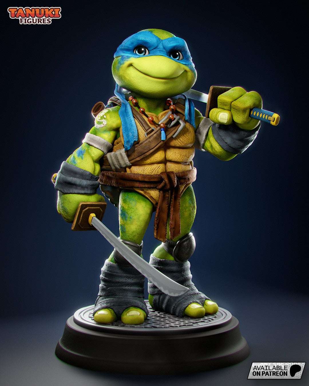 Blue Blade Ninja resin figure stands on circular base holding katana and nunchaku, wearing blue mask and brown armor against dark background.