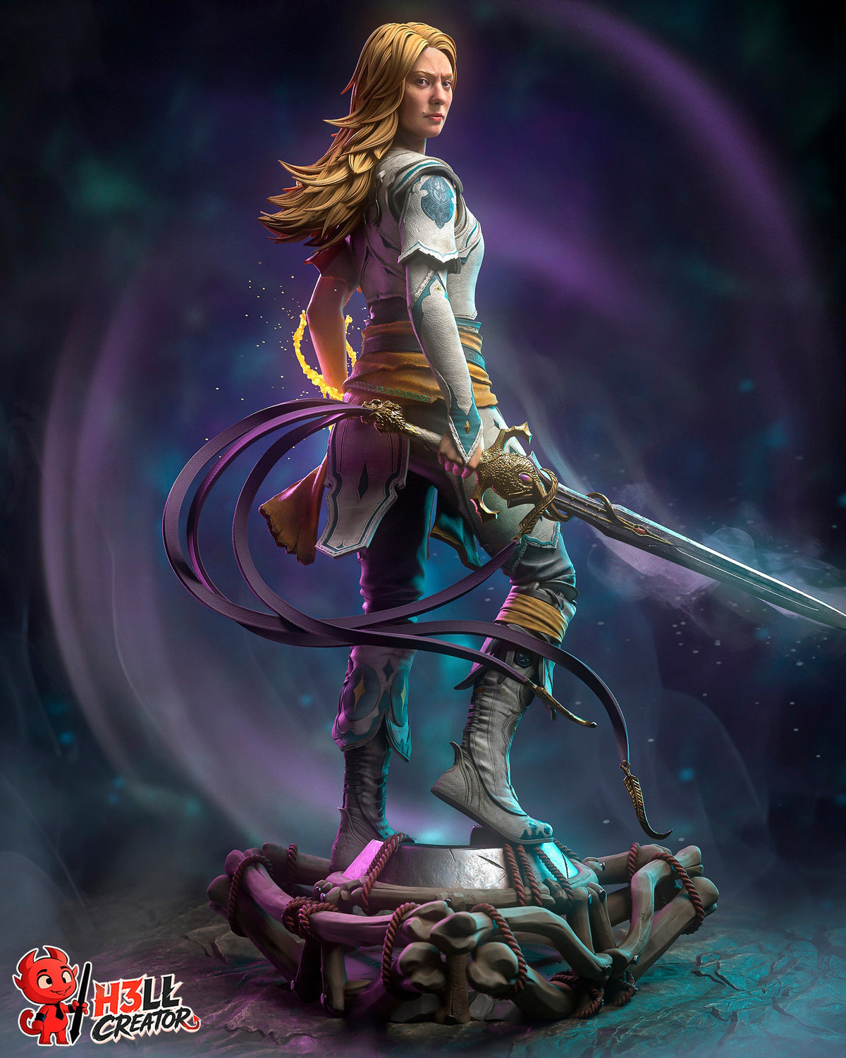 Painted Faye resin figure from God of War stands in a rear three-quarter pose with sword and sculpted bone base.