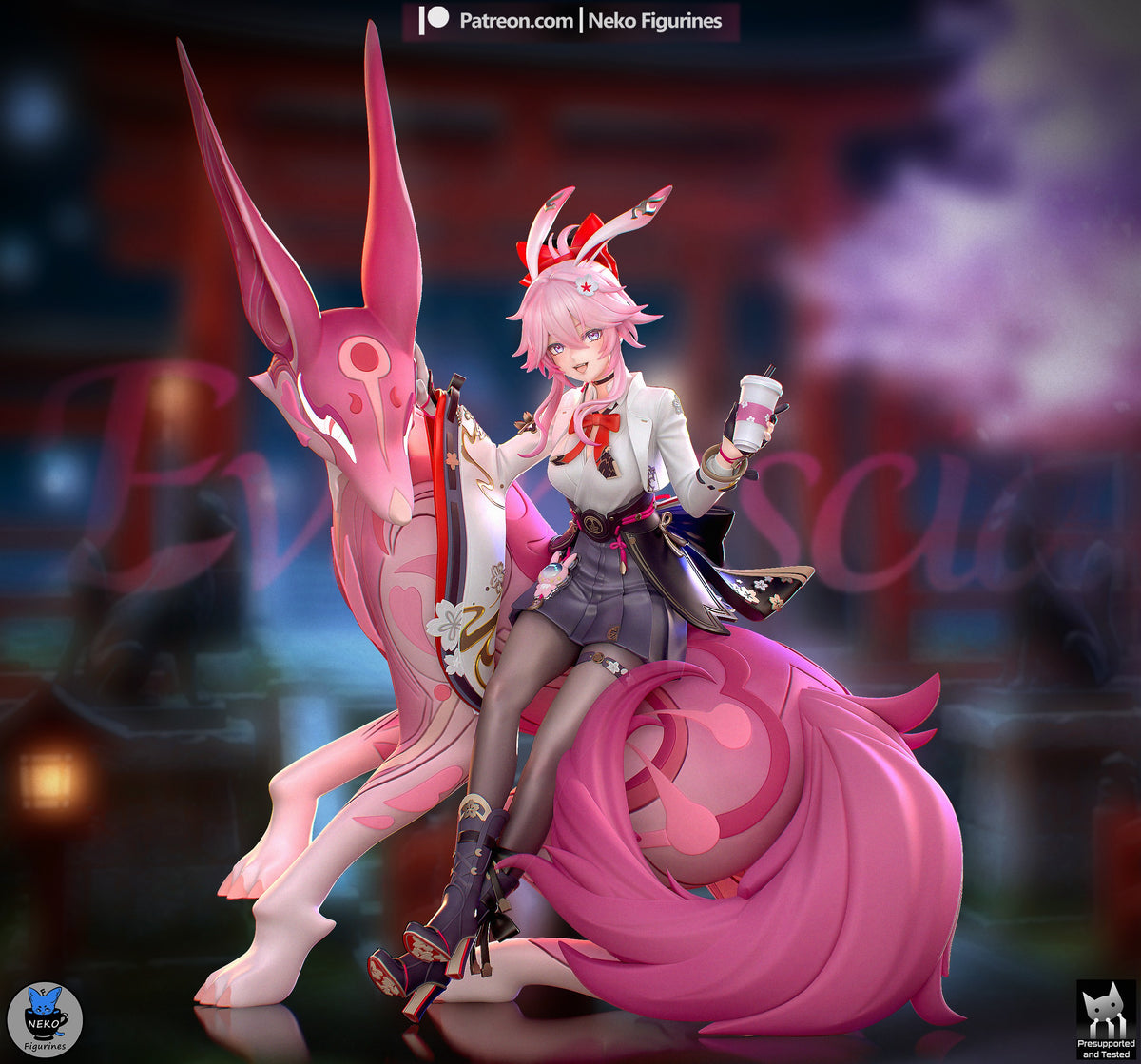 Painted resin figure of Evanescia from Honkai Star Rail sits on a sculpted fox base.