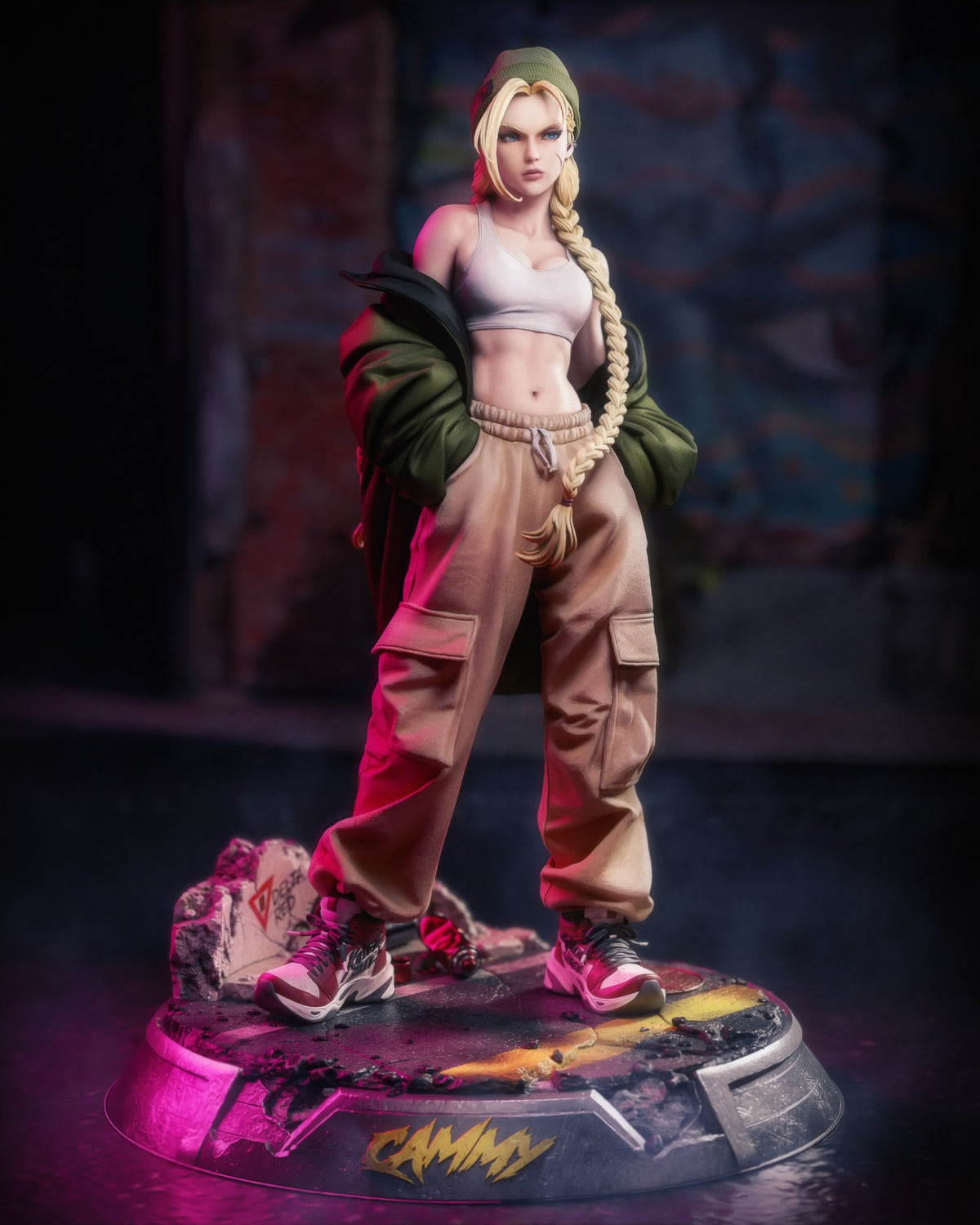 Cammy resin figure in dynamic standing pose on neon-lit base, blonde braid, white crop top, tan cargo pants, olive jacket, detailed paint work, front three-quarter angle.