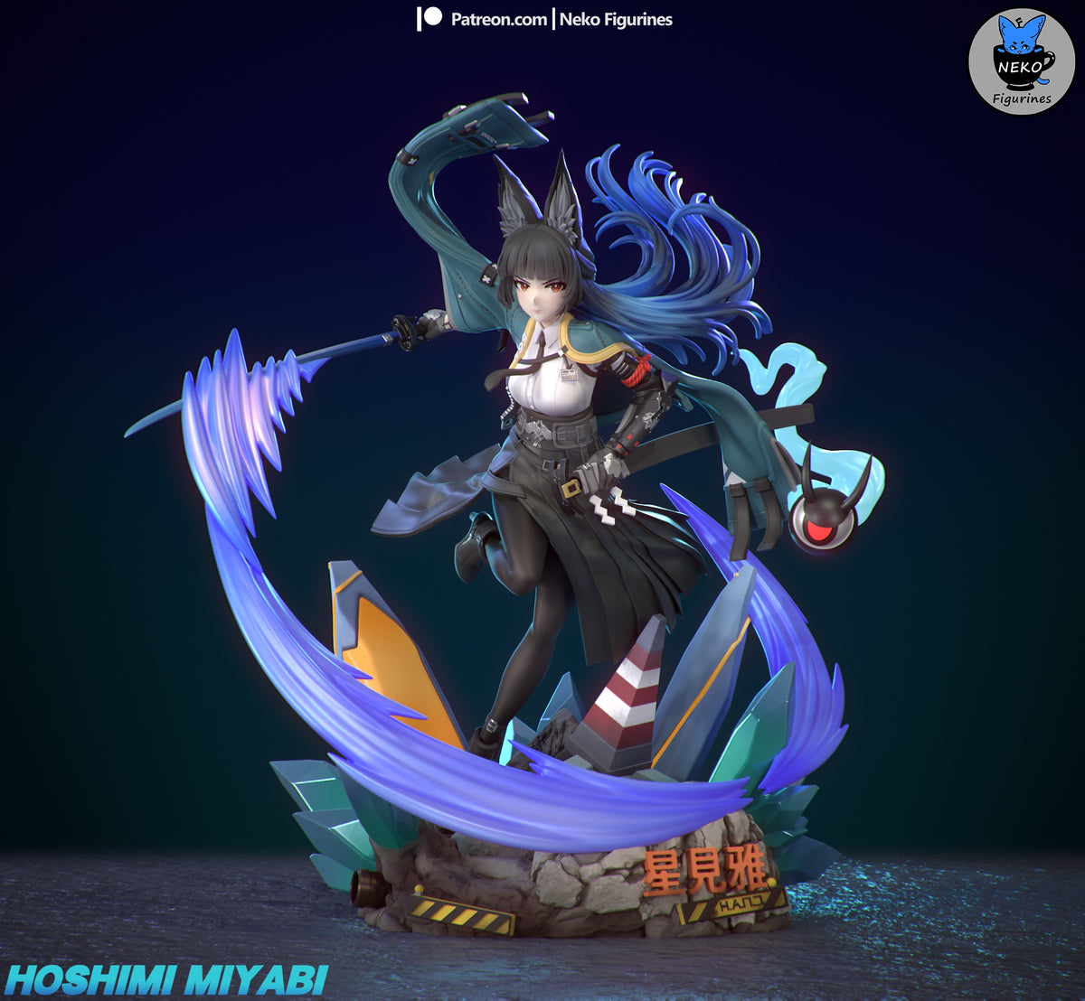 Hoshimi Miyabi from Zenless Zone Zero poses with a sword and effects on a sculpted base as a painted resin figure.