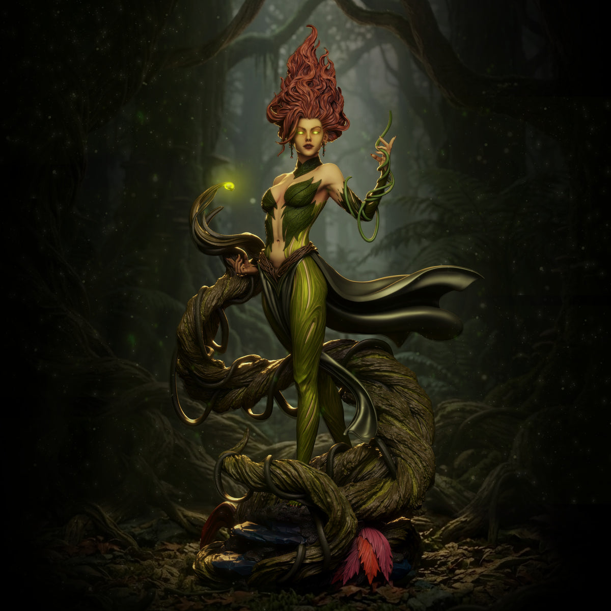 Gaia 3D printed resin figure posed standing on organic base, wearing green dress with red voluminous hair, holding magical staff, forest setting backdrop.